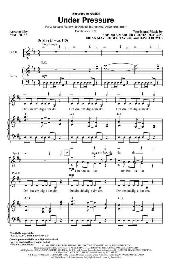 Brian May_David Bowie_Freddie Mercury_John Deacon_Roger Taylor, Under&nbsp;&nbsp;2-Part Choir and Piano&nbsp;&nbsp;Chorpartitur