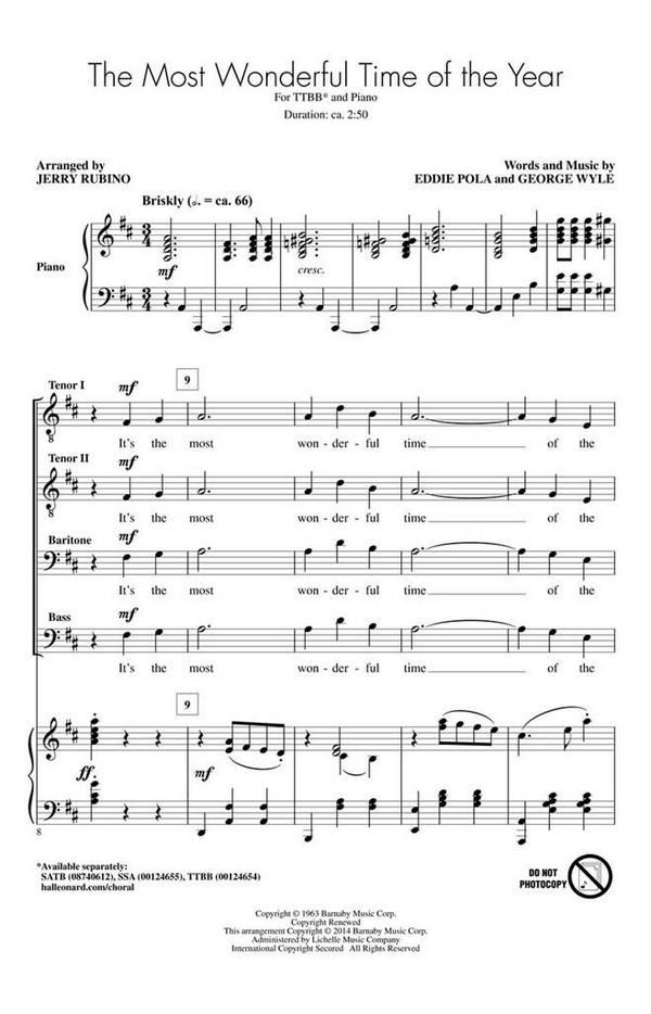 The Most Wonderful Time of the Year  for male choir and piano  choral score
