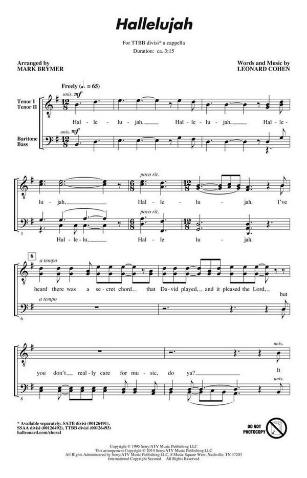 Hallelujah  for male choir  (TTBB) a cappella  choral score