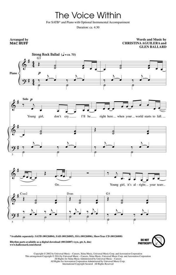 Christina Aguilera, The Voice Within&nbsp;&nbsp;SATB&nbsp;&nbsp;Chorpartitur