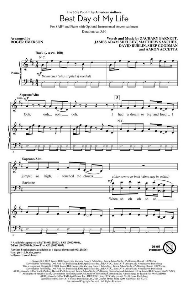 Aaron Accetta, Best Day of My Life&nbsp;&nbsp;SAB&nbsp;&nbsp;Chorpartitur