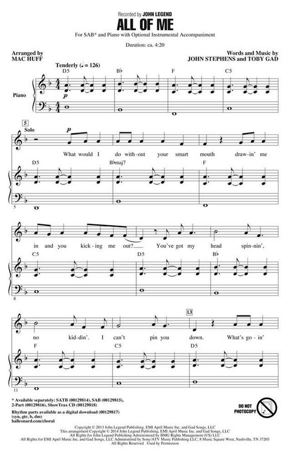 All of Me&nbsp;&nbsp;SAB&nbsp;&nbsp;Chorpartitur