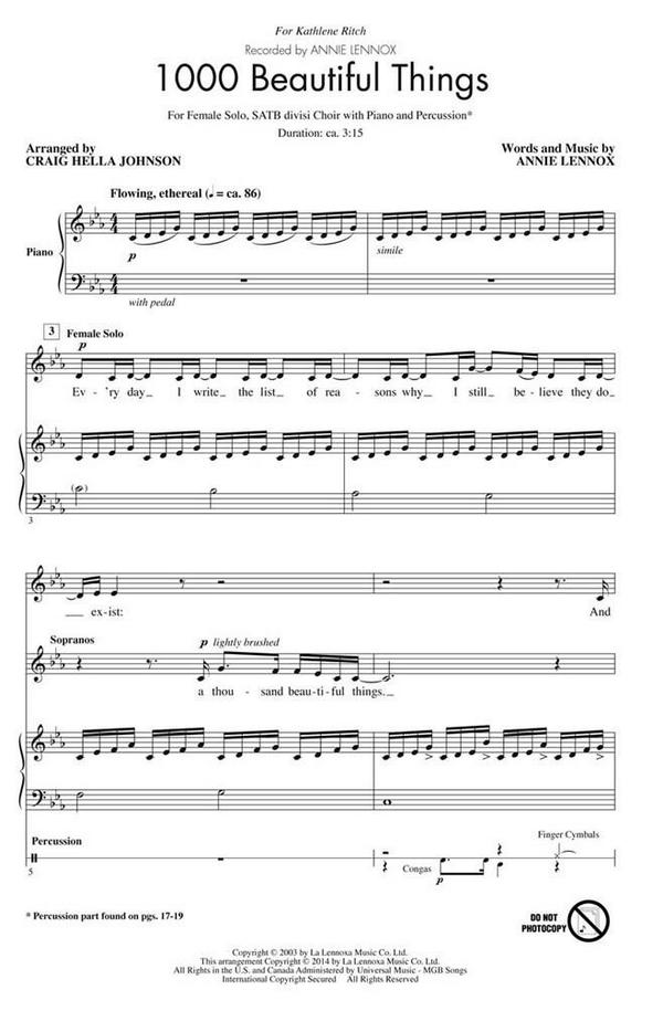 Annie Lennox, 1000 Beautiful Things&nbsp;&nbsp;SATB&nbsp;&nbsp;Chorpartitur