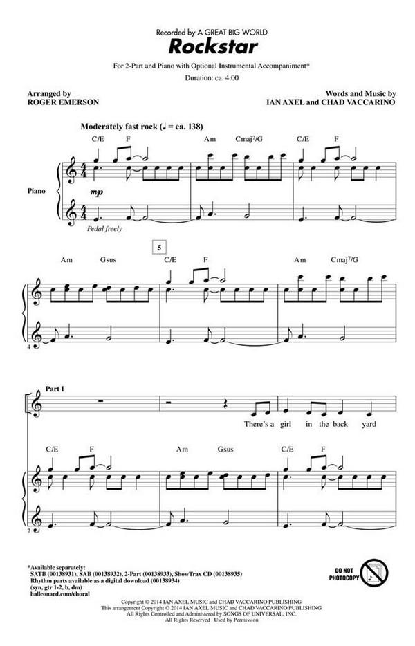 Chad Vaccarino, Rockstar&nbsp;&nbsp;SATB&nbsp;&nbsp;Chorpartitur