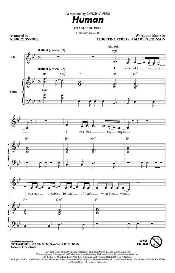 Christina Perri, Human&nbsp;&nbsp;SATB&nbsp;&nbsp;Chorpartitur