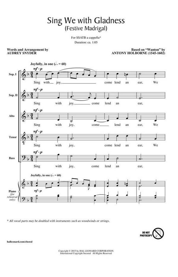 Anthony Holborne, Sing We with Gladness&nbsp;&nbsp;SSATB a Cappella&nbsp;&nbsp;Chorpartitur