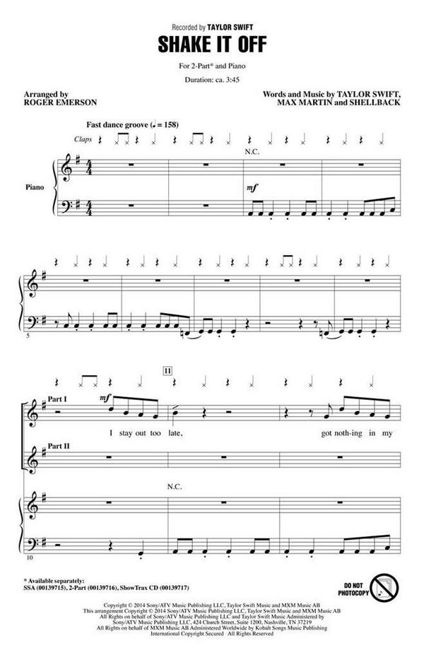 Max Shake It Off  for 2-part choir and piano  choral score
