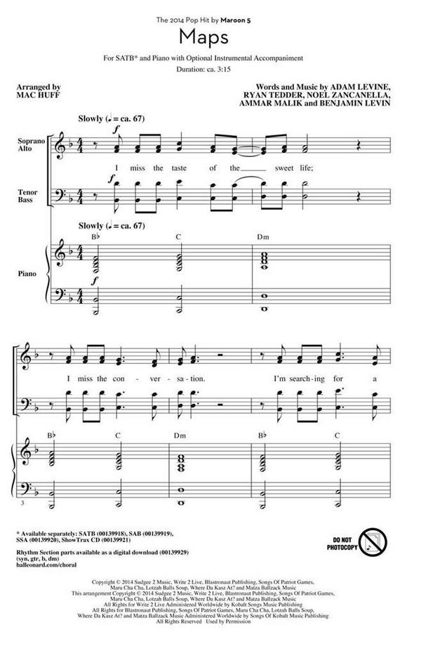 Adam Levine, Maps&nbsp;&nbsp;SATB&nbsp;&nbsp;Chorpartitur