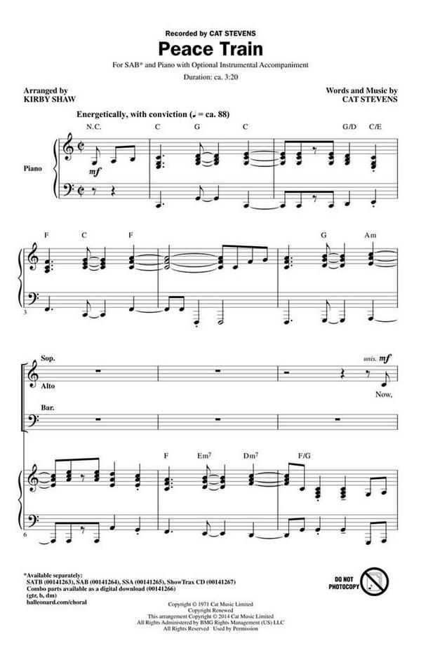 Peace Train&nbsp;&nbsp;for mixed choir (SAB) and piano&nbsp;&nbsp;score