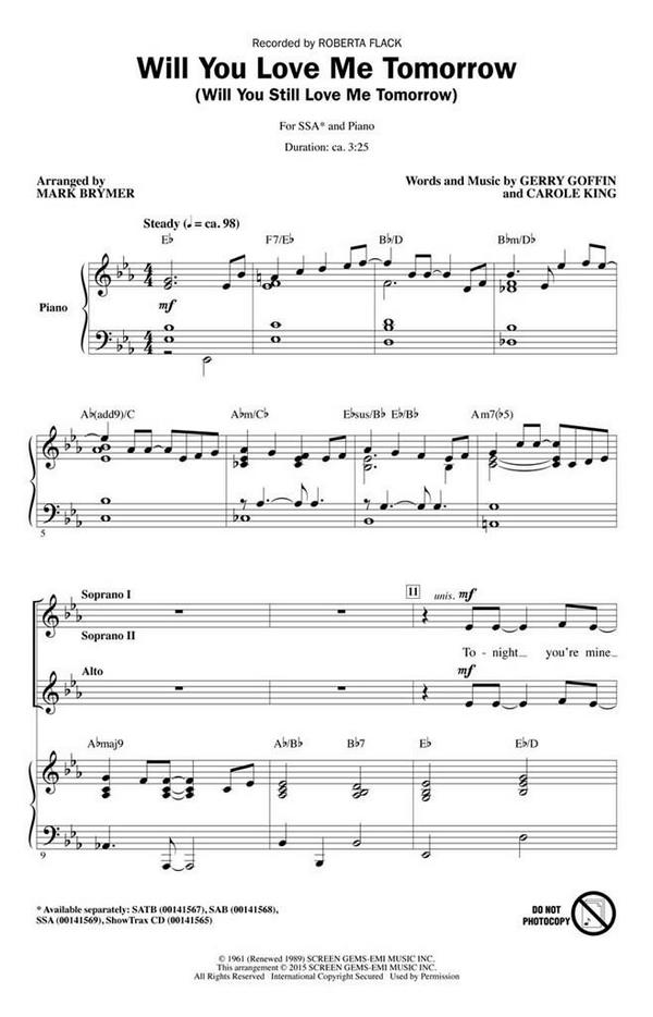 Carole King, Will You Love Me Tomorrow&nbsp;&nbsp;SSA&nbsp;&nbsp;Chorpartitur