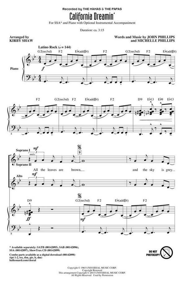 California Dreamin'&nbsp;&nbsp;SSA&nbsp;&nbsp;Chorpartitur