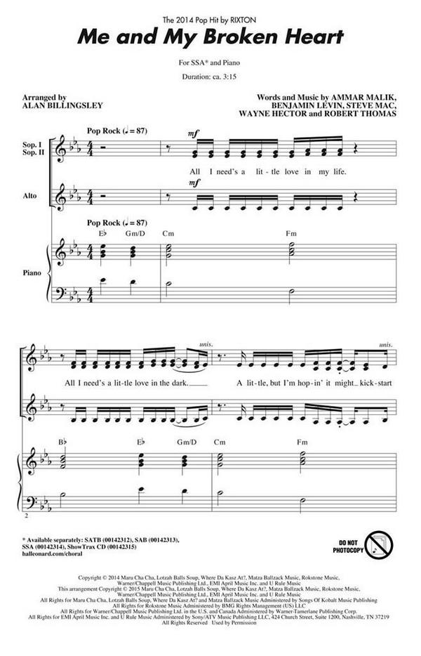 Ammar Malik, Me and My Broken Heart&nbsp;&nbsp;SSA&nbsp;&nbsp;Chorpartitur