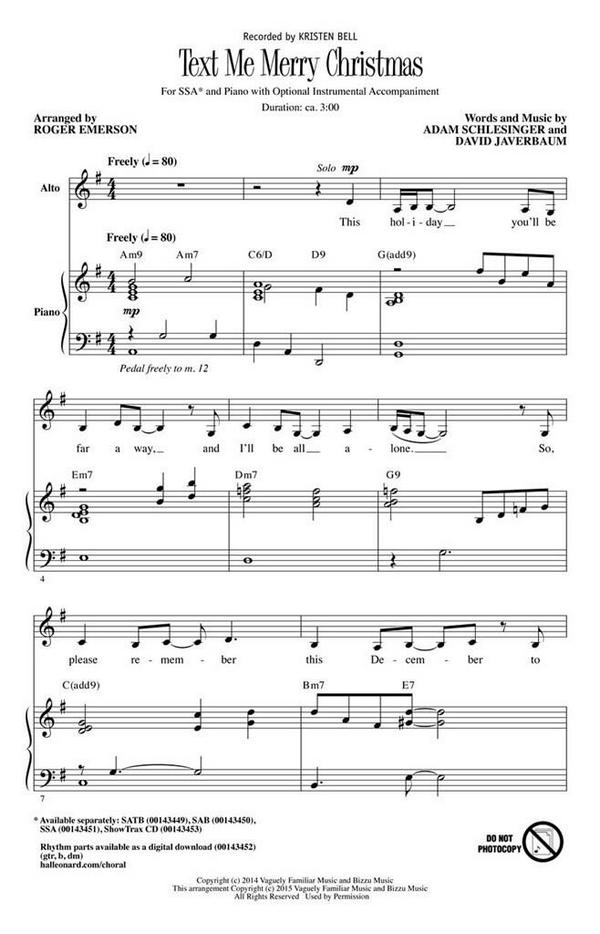 Adam Schlesinger, Text Me Merry Christmas&nbsp;&nbsp;SSA&nbsp;&nbsp;Chorpartitur