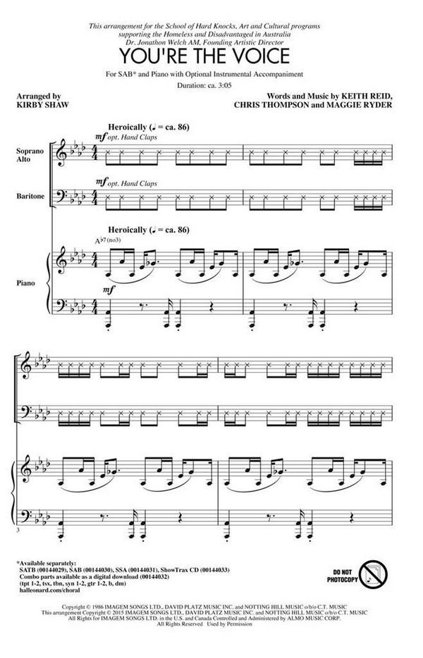 You're the Voice&nbsp;&nbsp;for mixed choir (SAB) and piano&nbsp;&nbsp;choral score
