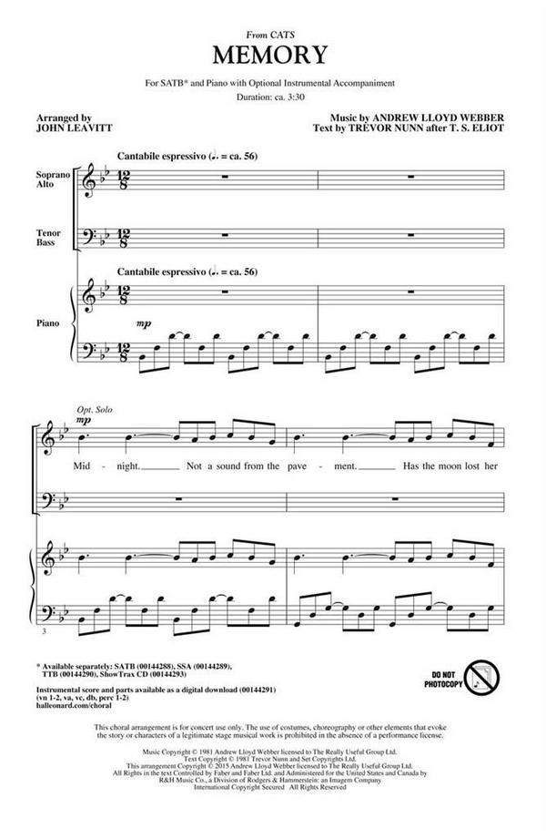 Andrew Lloyd Webber, Memory - from Cats ShowTrax CD&nbsp;&nbsp;Chor&nbsp;&nbsp;CD
