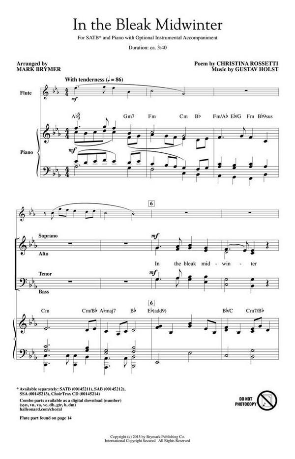 Christina Rosetti, In the Bleak Midwinter&nbsp;&nbsp;SATB&nbsp;&nbsp;Chorpartitur