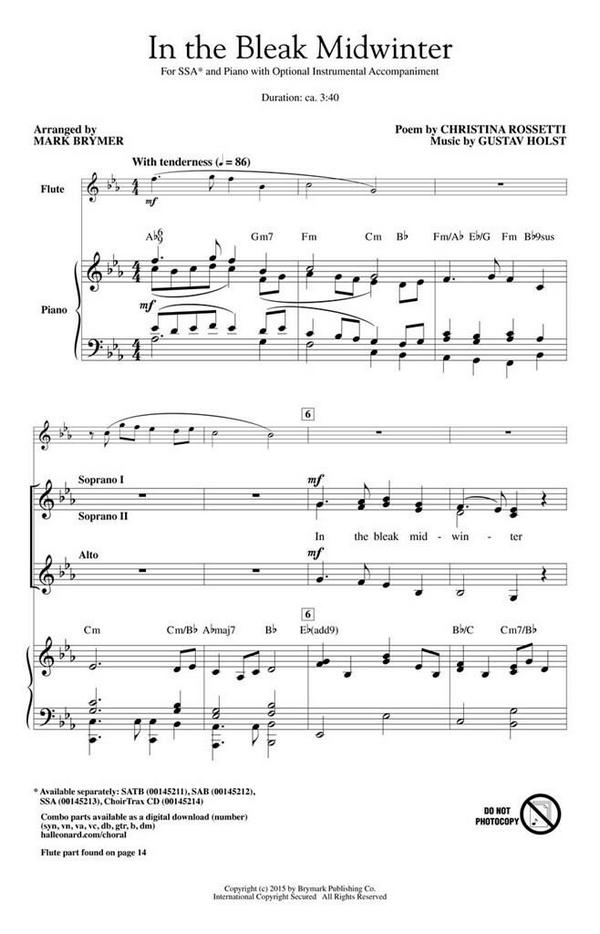 Christina Rosetti, In the Bleak Midwinter&nbsp;&nbsp;SSA&nbsp;&nbsp;Chorpartitur