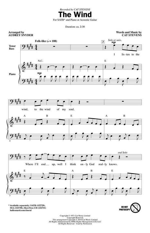Cat Stevens, The Wind&nbsp;&nbsp;SATB&nbsp;&nbsp;Chorpartitur