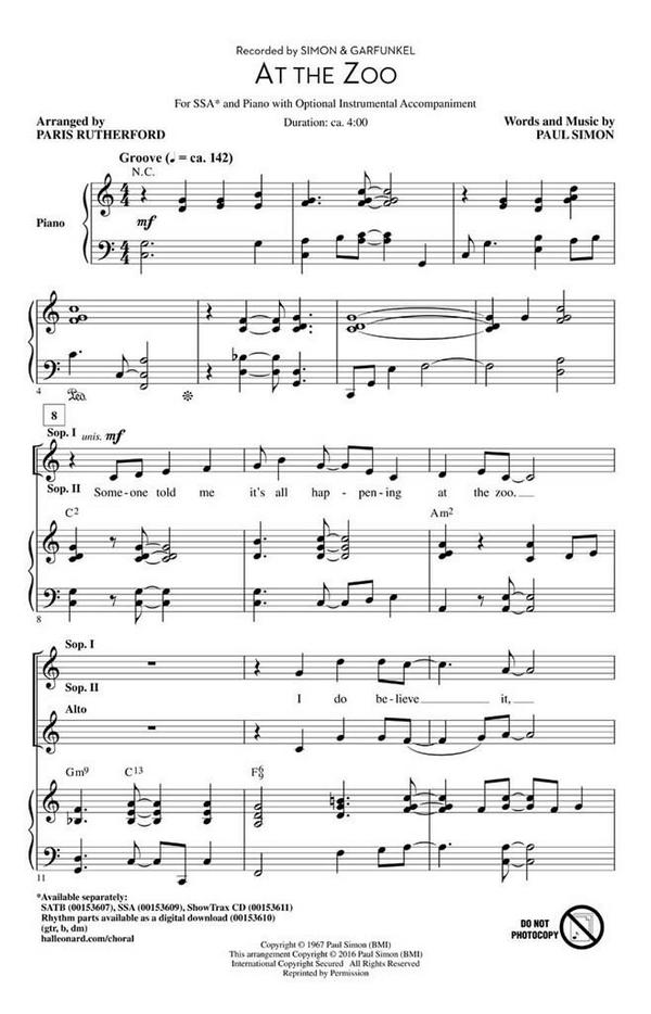 At the Zoo&nbsp;&nbsp;SSA&nbsp;&nbsp;Chorpartitur