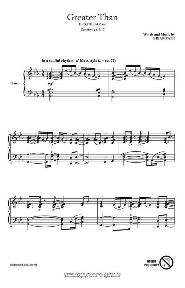 Brian Tate, Greater Than&nbsp;&nbsp;SATB&nbsp;&nbsp;Chorpartitur