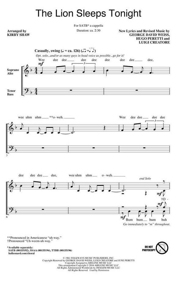 The Lion Sleeps Tonight  for mixed choir a cappella  score