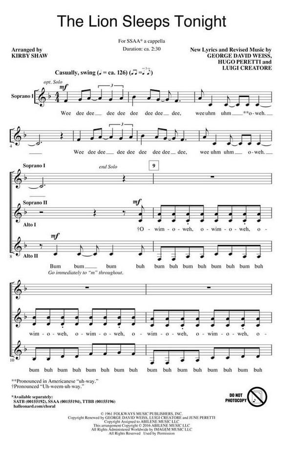 The Lion Sleeps Tonight  for female choir (SSAA) a cappella  choral score