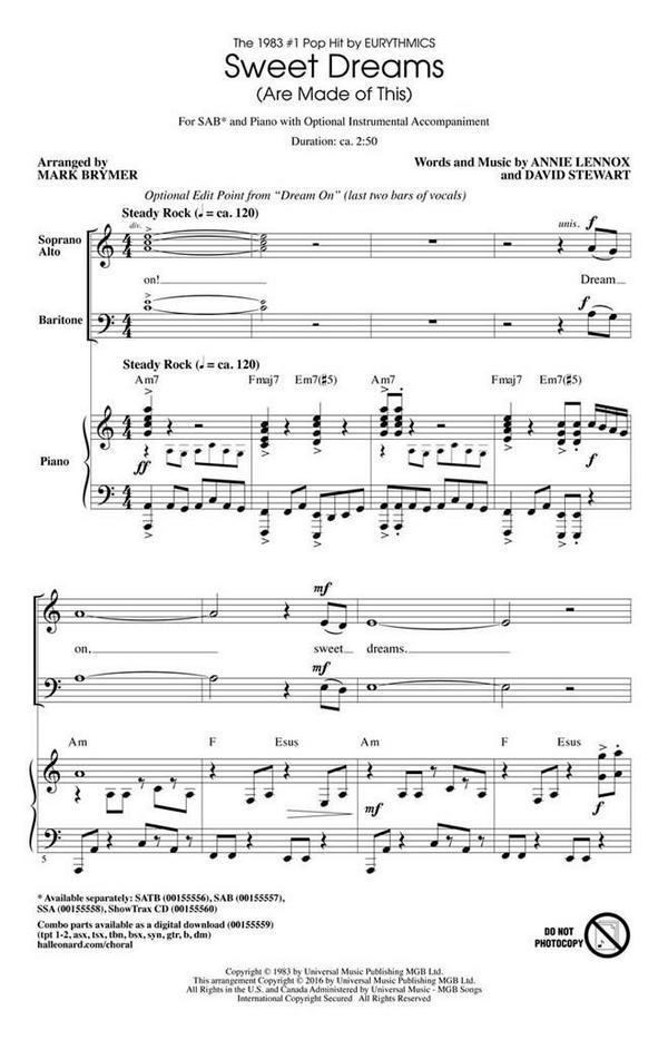 Sweet Dreams (Are Made of This)&nbsp;&nbsp;for female choir (SSA) and piano &nbsp;&nbsp;choral score