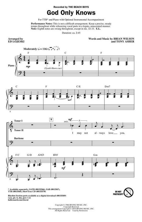 Brian Wilson, God Only Knows&nbsp;&nbsp;TTB&nbsp;&nbsp;Chorpartitur
