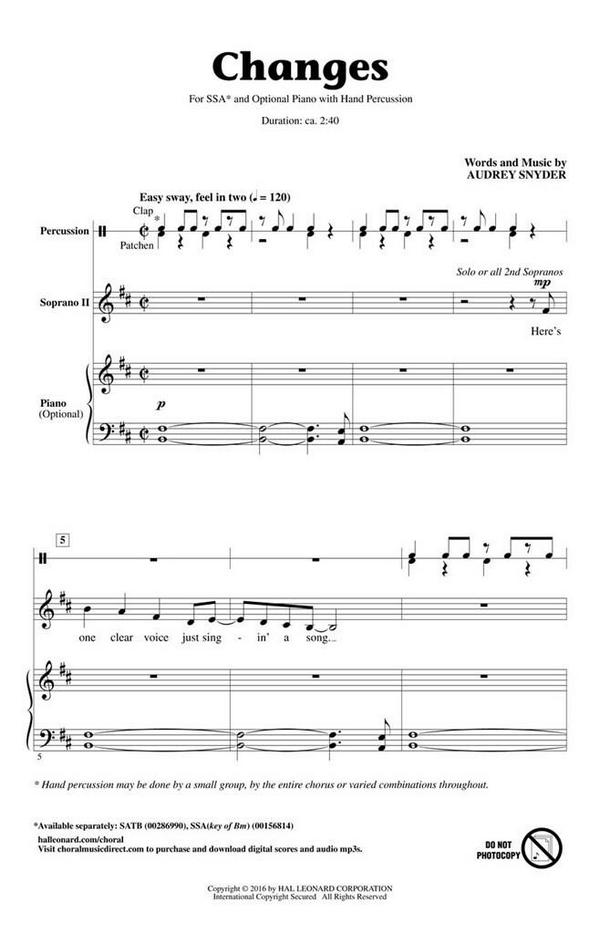 Changes  for female choir (SSA) and opt. piano with hand percussion  choral score