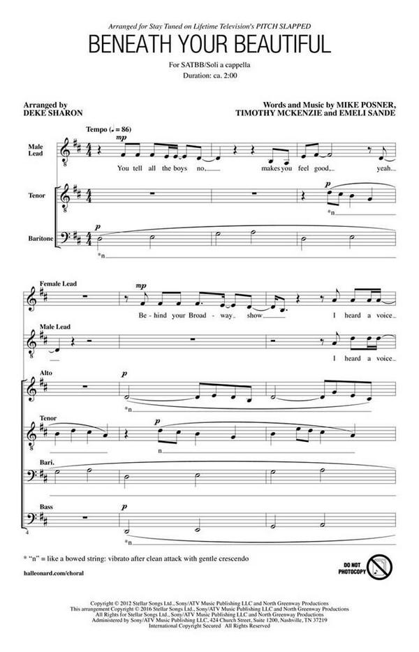Beneath Your Beautiful&nbsp;&nbsp;SATBB a Cappella&nbsp;&nbsp;Chorpartitur