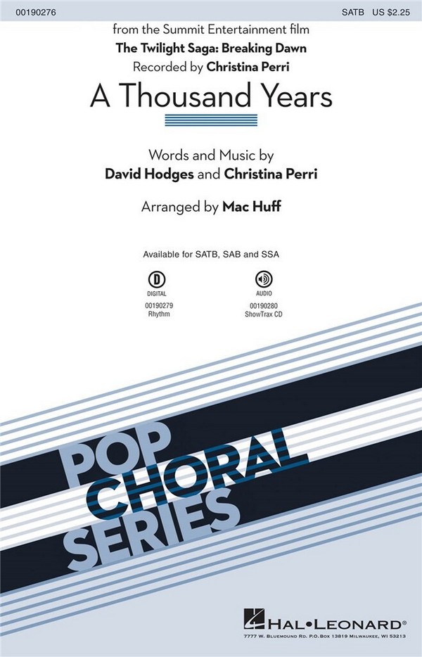 A Thousand Years&nbsp;&nbsp;for mixed chorus and piano&nbsp;&nbsp;vocal score