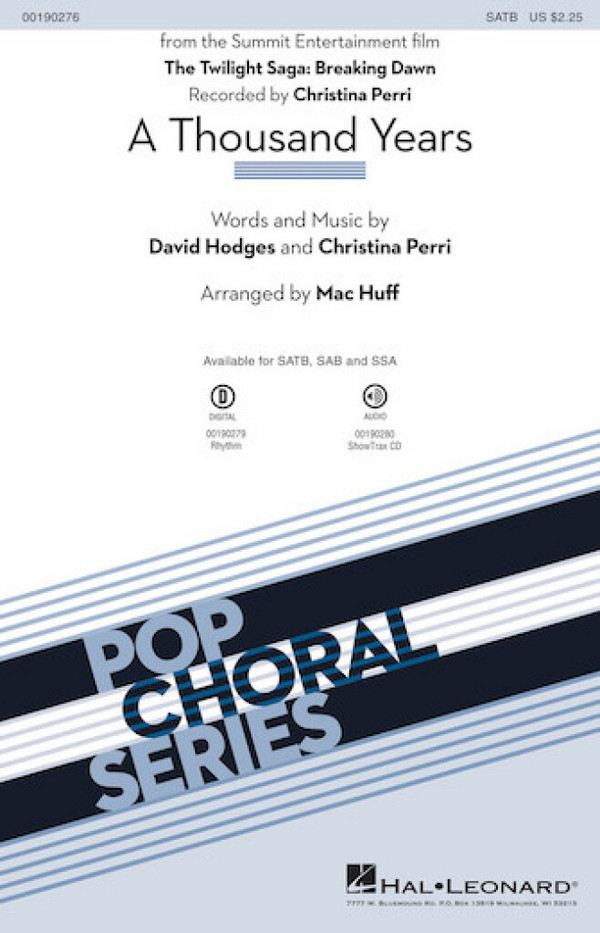 A Thousand Years&nbsp;&nbsp;for  mixed choir (SAB) and piano&nbsp;&nbsp;choral score