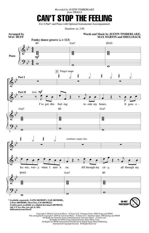 Can't Stop the Feeling&nbsp;&nbsp;2-Part Choir&nbsp;&nbsp;Chorpartitur