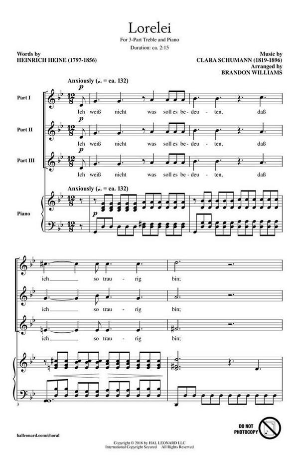 Lorelei  for 3-part treble choir and piano  choral score