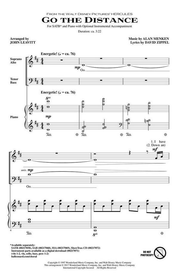 Go the Distance  for mixed choir and piano  choral score