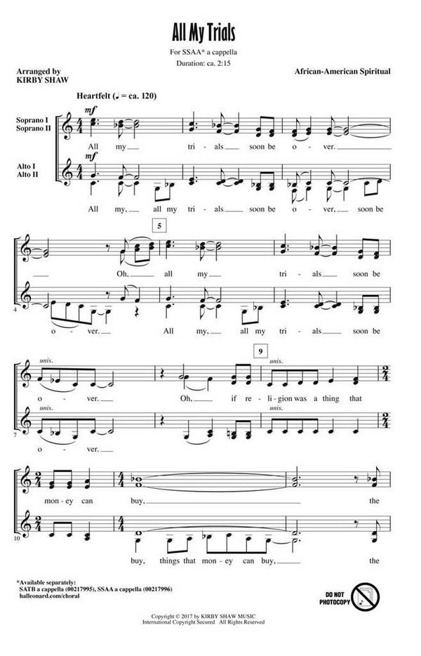 All My Trials&nbsp;&nbsp;SSAA a Cappella&nbsp;&nbsp;Chorpartitur