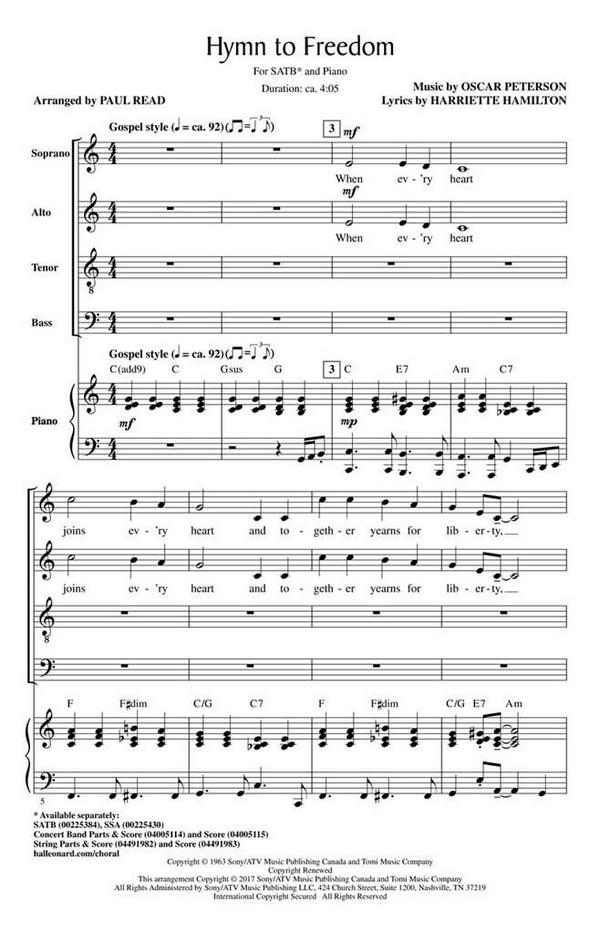 Oscar Peterson, Hymn to Freedom&nbsp;&nbsp;for mixed choir and piano&nbsp;&nbsp;choral score