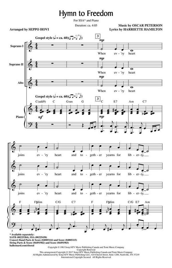 Hymn to Freedom&nbsp;&nbsp;for female choir (SSA) and piano&nbsp;&nbsp;choral score
