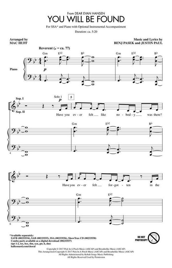 You Will Be Found  for female chorus (SSA) and piano  score