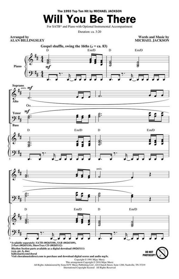 Will You Be There&nbsp;&nbsp;for mixed chorus and piano&nbsp;&nbsp;score
