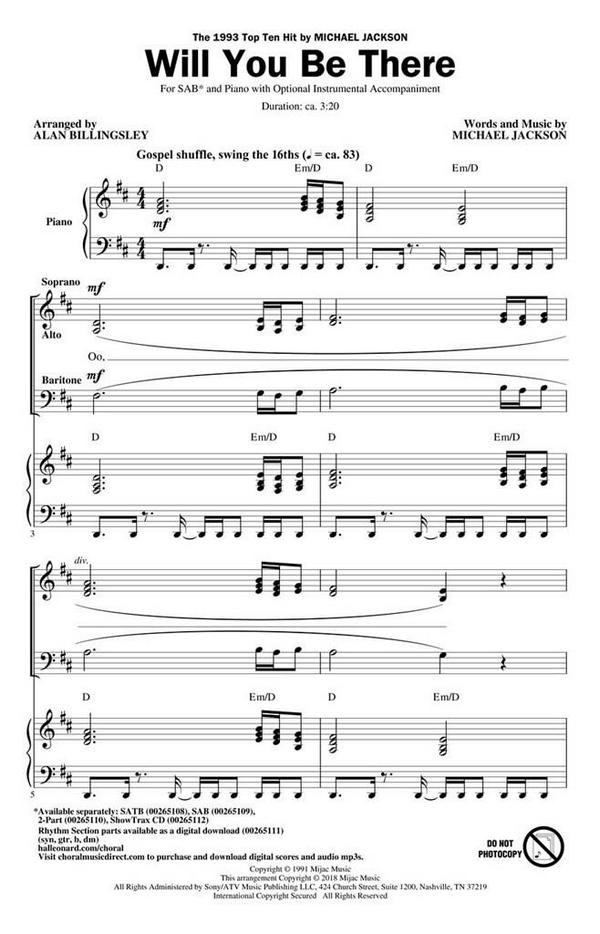 Will You Be There&nbsp;&nbsp;for mixed choir (SAB) and piano&nbsp;&nbsp;choral score