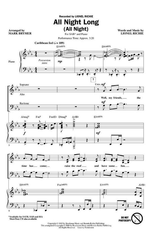 All Night Long (SAB)&nbsp;&nbsp;SAB and Piano&nbsp;&nbsp;Chorpartitur