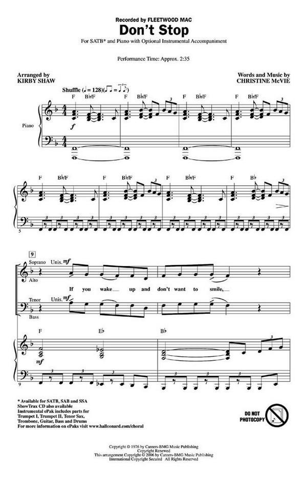 Christine McVie, Don't stop&nbsp;&nbsp;SATB and Piano&nbsp;&nbsp;Chorpartitur
