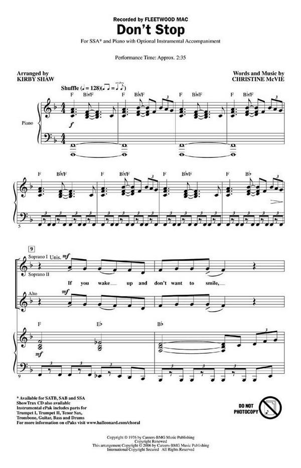 Christine McVie, Don't Stop&nbsp;&nbsp;SSA&nbsp;&nbsp;Chorpartitur
