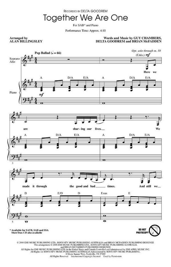 Brian McFadden_Delta Goodrem_Guy Chambers, Together We Are One&nbsp;&nbsp;SAB&nbsp;&nbsp;Chorpartitur