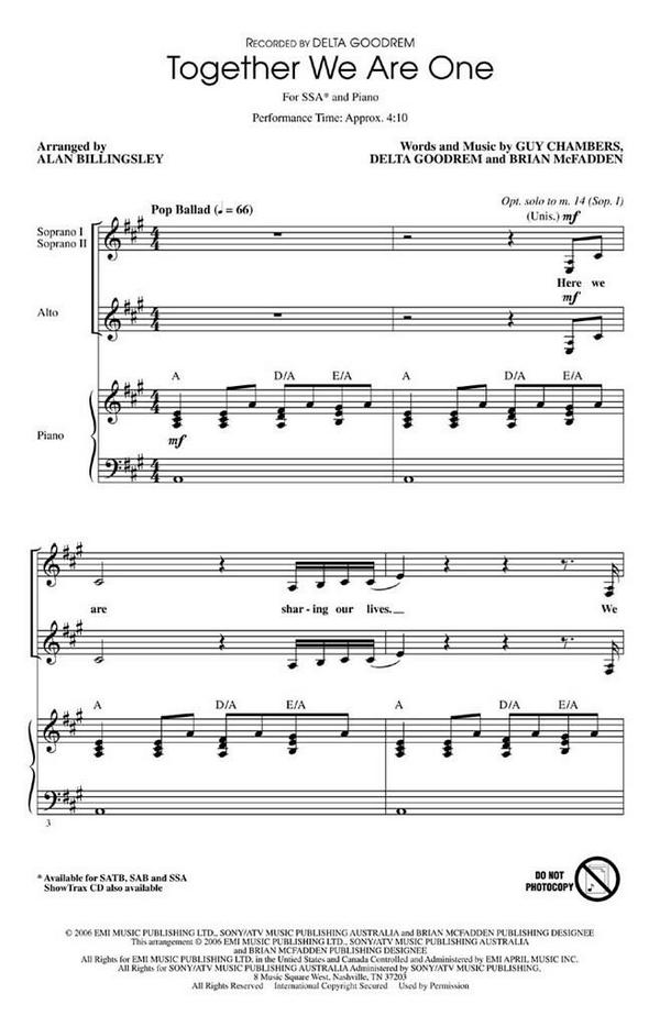 Brian McFadden_Delta Goodrem_Guy Chambers, Together we are one&nbsp;&nbsp;SSA&nbsp;&nbsp;Chorpartitur