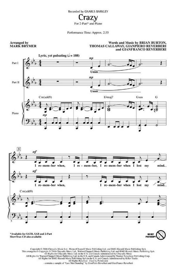 Brian Burton_Gianfranco Reverberi_Gian Piero Reverberi, Crazy&nbsp;&nbsp;2-Part Choir&nbsp;&nbsp;Chorpartitur