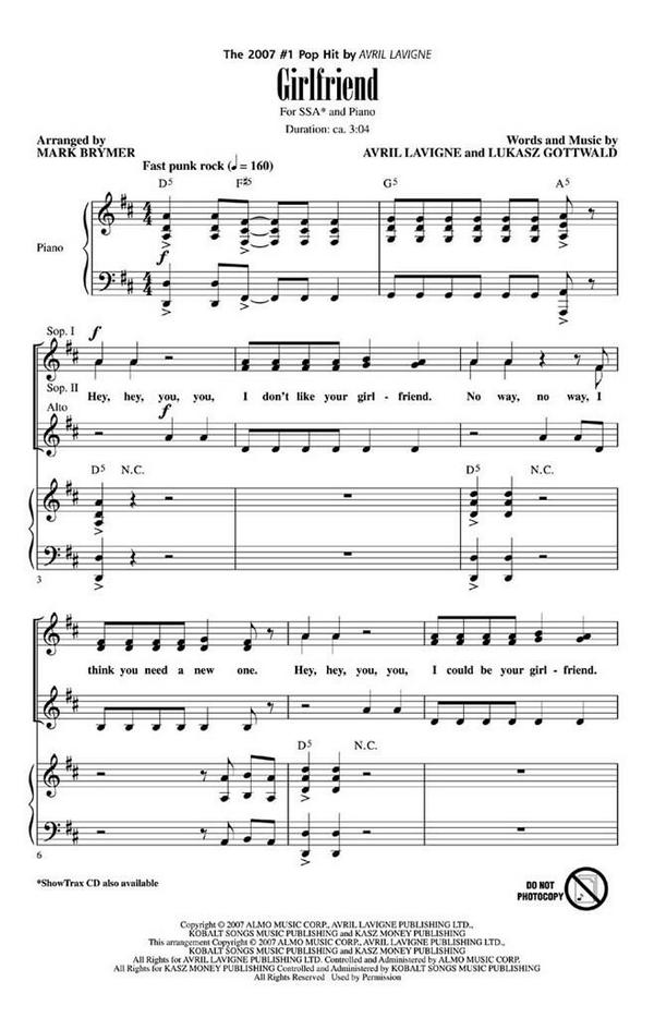 Avril Lavigne, Girlfriend&nbsp;&nbsp;SSA&nbsp;&nbsp;Chorpartitur