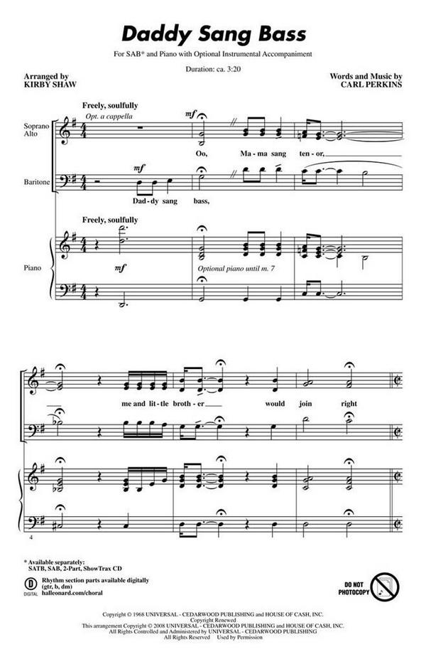 Carl Perkins, Daddy Sang Bass&nbsp;&nbsp;SAB&nbsp;&nbsp;Chorpartitur