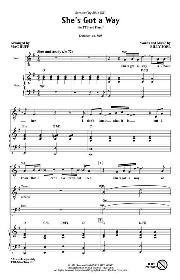 Billy Joel, She's Got a Way&nbsp;&nbsp;TTB&nbsp;&nbsp;Chorpartitur